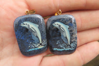 Polished Dumortierite Pendants with Hand Painted Dolphins - sold per item - From Mozambique