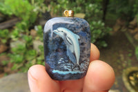 Polished Dumortierite Pendants with Hand Painted Dolphins - sold per item - From Mozambique