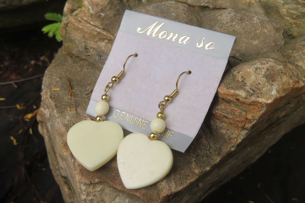 Polished White Onyx Heart and Bead Earrings - Sold per Pair - From Swaziland