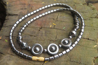 Polished Hematite Beaded Chocker Necklace with Donut Centered Beads  - Sold Per Item - From Southern Africa