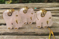 Polished Pink Rose Quartz Elephant Pendant with Gold Bail and Trim- Sold per Item - From Madagascar