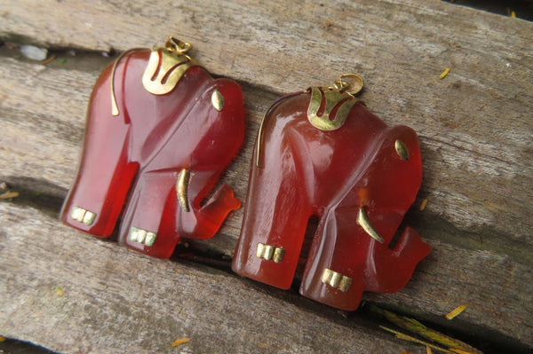 Polished Carnelian Agate Elephant Pendant with Gold Bail and Trim - Sold per Item - From Brazil