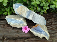 Natural Blue Lace Agate Geode Specimens x 3 From Malawi