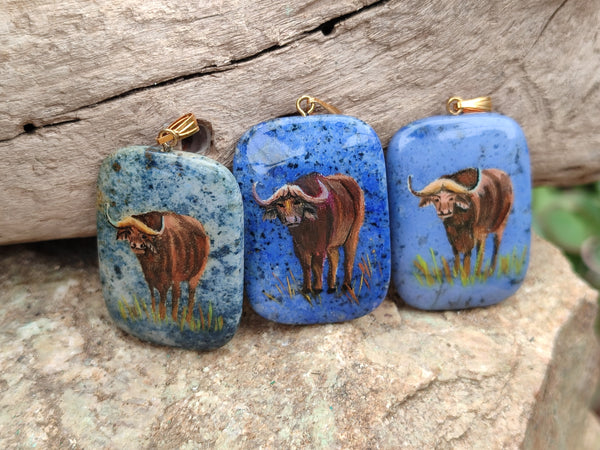 Polished Dumortierite Pendants with Hand Painted Buffalo - sold per item - From Mozambique