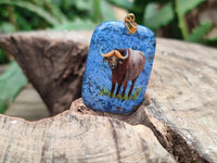 Polished Dumortierite Pendants with Hand Painted Buffalo - sold per item - From Mozambique