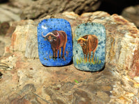 Polished Dumortierite Pendants with Hand Painted Buffalo - sold per item - From Mozambique