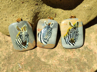 Polished Polychrome Jasper Pendant with Hand Painted Zebras - sold per item - From Madagascar