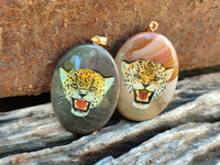 Polished Polychrome Jasper Pendant with Hand Painted Leopard - sold per item - From Madagascar