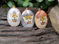 Polished Polychrome Jasper Pendant with Hand Painted Leopard - sold per item - From Madagascar