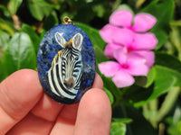 Polished Dumortierite Pendants with Hand Painted Zebras - sold per item - From Mozambique