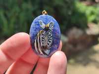 Polished Dumortierite Pendants with Hand Painted Zebras - sold per item - From Mozambique