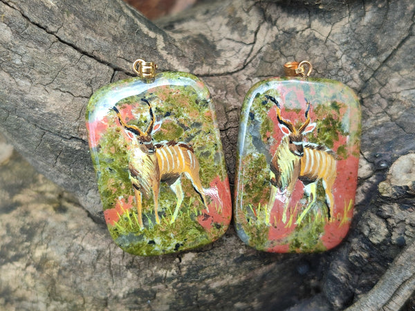 Polished Unakite Pendant with Hand Painted Kudu - Sold Per Item - From South Africa