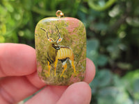 Polished Unakite Pendant with Hand Painted Kudu - Sold Per Item - From South Africa