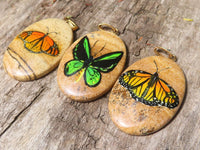 Polished Picture Stone Pendant with Hand Painted Butterflies - Sold Per Item - From Namibia