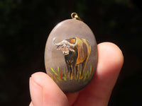 Polished Polychrome Jasper Pendant with Hand Painted Buffaloes - sold per item - From Madagascar