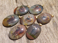 Polished Polychrome Jasper Pendant with Hand Painted Buffaloes - sold per item - From Madagascar