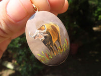 Polished Polychrome Jasper Pendant with Hand Painted Buffaloes - sold per item - From Madagascar