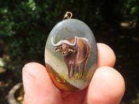 Polished Polychrome Jasper Pendant with Hand Painted Buffaloes - sold per item - From Madagascar