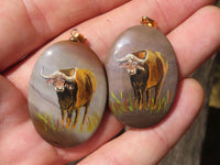 Polished Polychrome Jasper Pendant with Hand Painted Buffaloes - sold per item - From Madagascar