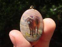 Polished Polychrome Jasper Pendant with Hand Painted Buffaloes - sold per item - From Madagascar