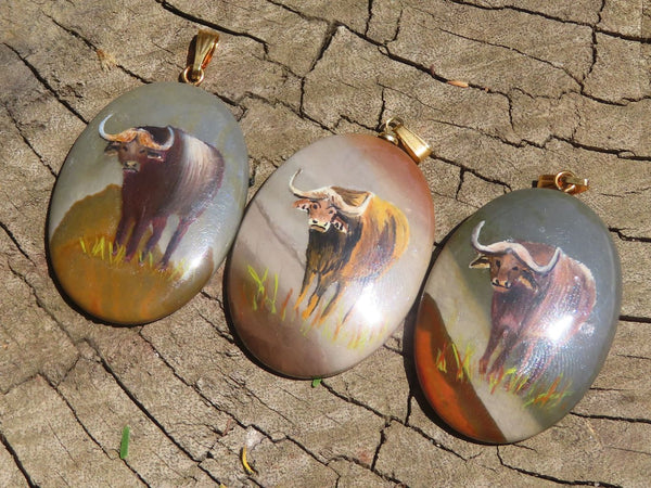 Polished Polychrome Jasper Pendant with Hand Painted Buffaloes - sold per item - From Madagascar