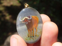 Polished Polychrome Jasper Pendant with Hand Painted Buffaloes - sold per item - From Madagascar