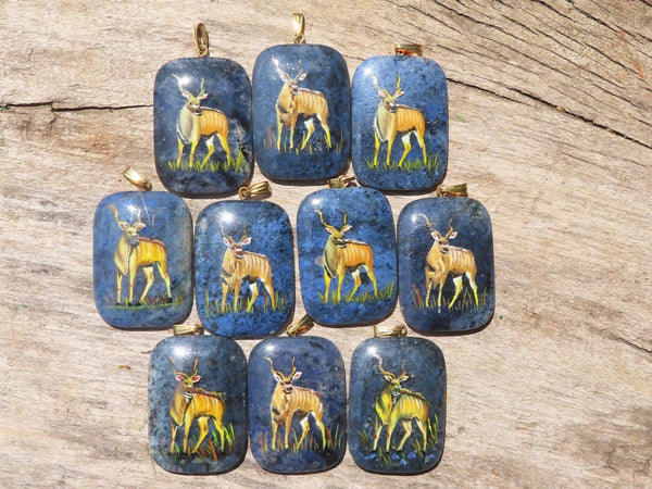 Polished Dumortierite Pendants with Hand Painted Kudu - sold per item - From Mozambique