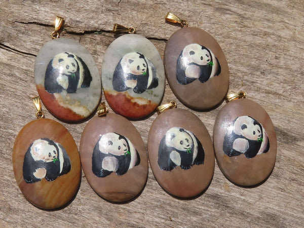 Polished Polychrome Jasper Pendant with Hand Painted Panda - sold per item - From Madagascar