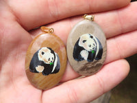 Polished Polychrome Jasper Pendant with Hand Painted Panda - sold per item - From Madagascar