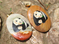 Polished Polychrome Jasper Pendant with Hand Painted Panda - sold per item - From Madagascar