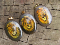 Polished Polychrome Jasper Pendant with Hand Painted Lion - sold per item - From Madagascar