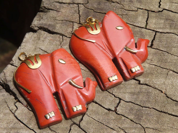 Polished Red Jasper Elephant Pendant with Gold Bail and Trim - Sold Per Item - From South Africa