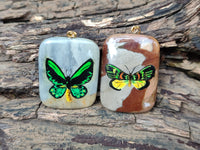 Polished Polychrome Jasper Pendant with Hand Painted Butterflies - sold per item - From Madagascar