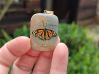 Polished Polychrome Jasper Pendant with Hand Painted Butterflies - sold per item - From Madagascar