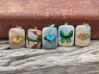 Polished Polychrome Jasper Pendant with Hand Painted Butterflies - sold per item - From Madagascar