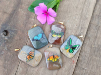 Polished Polychrome Jasper Pendant with Hand Painted Butterflies - sold per item - From Madagascar