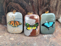 Polished Polychrome Jasper Pendant with Hand Painted Butterflies - sold per item - From Madagascar