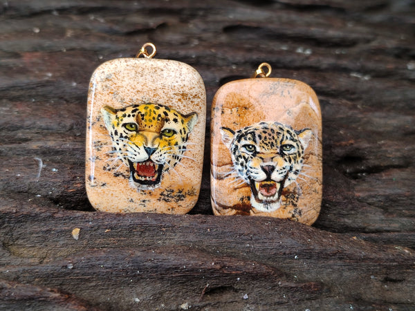 Polished Picture Stone Pendant with Hand Painted Leopard - Sold Per Item - From Namibia