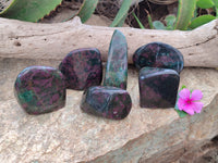 Polished Green Verdite and Ruby Corundum Standing Free Forms x 6 From Zimbabwe