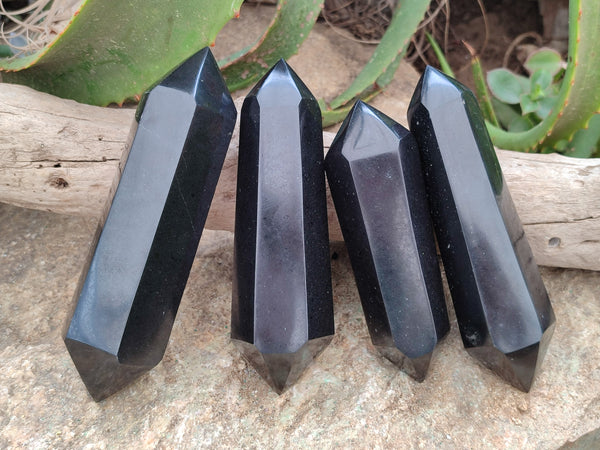 Polished Black Basalt Double Terminated Points x 4 From Madagascar