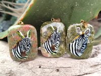 Polished Unakite Pendant with Hand Painted Zebra - Sold Per Item - From South Africa