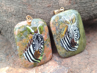 Polished Unakite Pendant with Hand Painted Zebra - Sold Per Item - From South Africa