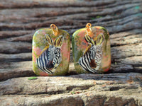 Polished Unakite Pendant with Hand Painted Zebra - Sold Per Item - From South Africa