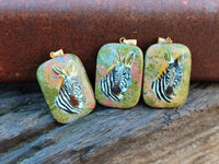 Polished Unakite Pendant with Hand Painted Zebra - Sold Per Item - From South Africa