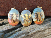 Polished Polychrome Jasper Pendant with Hand Painted Elephant - Sold Per Item - From Madagascar