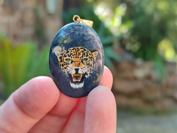 Polished Dumortierite Pendant with Hand Painted Leopard - Sold Per Item - From Mozambique