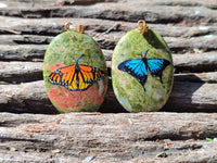 Polished Unakite Pendant with Hand Painted Butterfly - Sold Per Item - From South Africa