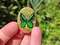 Polished Unakite Pendant with Hand Painted Butterfly - Sold Per Item - From South Africa