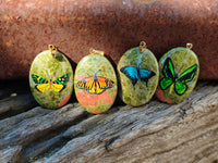 Polished Unakite Pendant with Hand Painted Butterfly - Sold Per Item - From South Africa