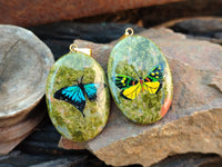 Polished Unakite Pendant with Hand Painted Butterfly - Sold Per Item - From South Africa